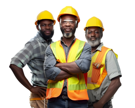 Trio of African Construction Engineers Isolated on Transparent Background, Project Management Concept