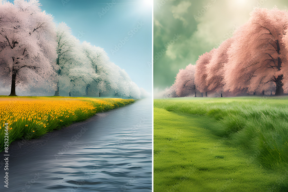 Poster a split-image concept contrasting summer and winter: one side bursts with lush greenery and sunshine