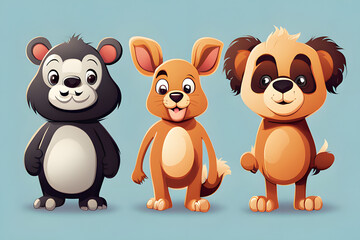 Three cartoon bears of different colors stand side-by-side on a white background.