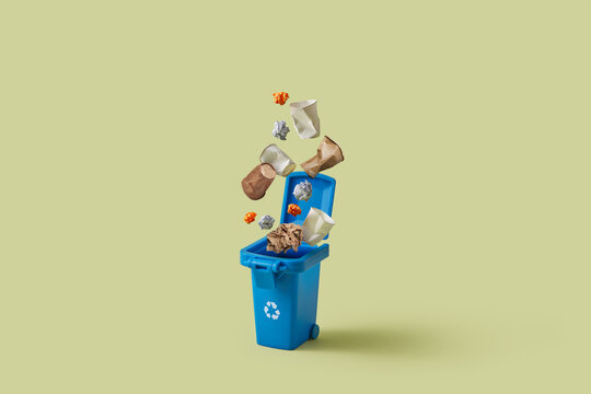Coffee cups and squeezed papers heading to plastic trash can