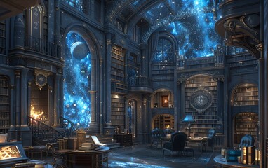 Fototapeta premium Library filled with books under night sky.