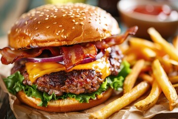 Delicious Bacon Cheeseburger with Fries