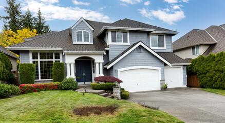 Front yard lawn repaired with new grass seed and netting to protect new growth with home in...