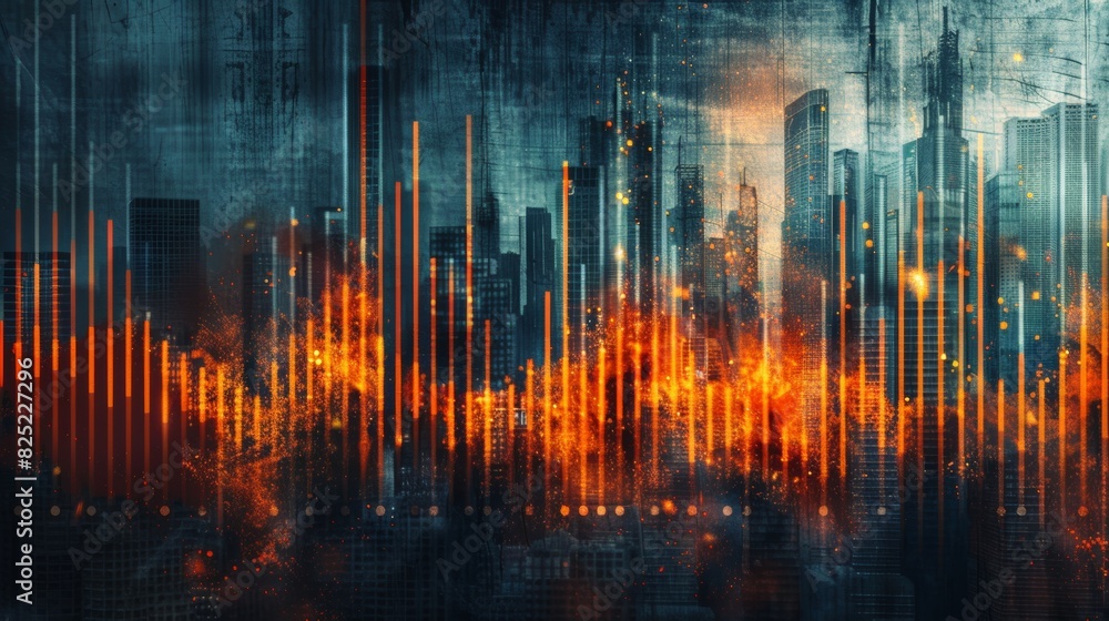 Poster A grungy music equalizer seamless loop background with distorted, textured bars pulsating and throbbing to the rhythm, set against a gritty urban backdrop.