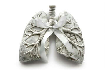 A realistic pair of human lungs with a white ribbon wrapped around them, symbolizing lung cancer awareness, on a clean white background
