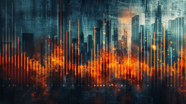 A grungy music equalizer seamless loop background with distorted, textured bars pulsating and throbbing to the rhythm, set against a gritty urban backdrop.