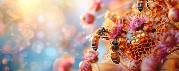 A bee pollinates pink flowers in a garden during spring, capturing the beauty of nature and the pollination process.