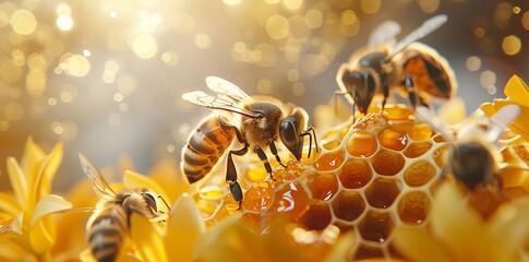 Detailed close-up of bees working on a honeycomb, highlighting their roles in honey production and the hive's activity.