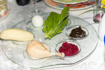 Traditional Seder Plate With Passover Foods.