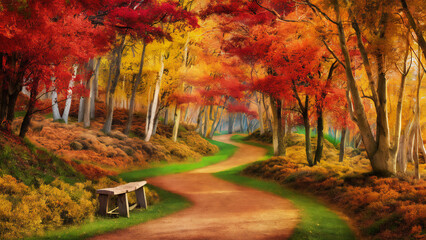 A serene woodland path winding through a forest ablaze with autumn colors. The trees are adorned with leaves in shades of red, orange, and gold, and the ground is covered with a soft carpet of fallen 