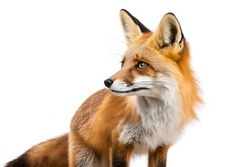 Side view of a two-year-old Red fox looking up, isolated on white.