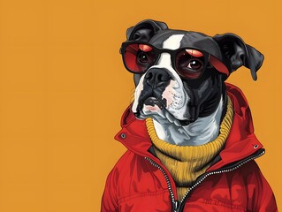 Cool dog wearing sunglasses and a red jacket, showcasing a trendy and fashionable look on a solid orange background.