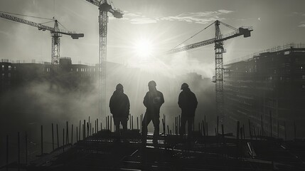 Construction workers coordinating crane operations under the bright sun, seamless teamwork, high contrast shadows, industrial environment