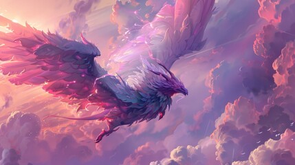 Flying griffin in a magical sunset sky