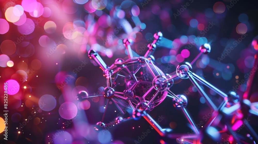 Poster A hyper-realistic depiction of a self-assembling molecular structure, with intricate geometric patterns and glowing neon hues.