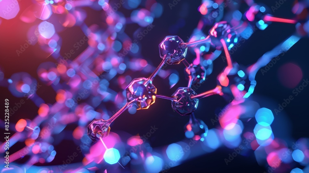 Poster A hyper-realistic depiction of a self-assembling molecular structure, with intricate geometric patterns and glowing neon hues.
