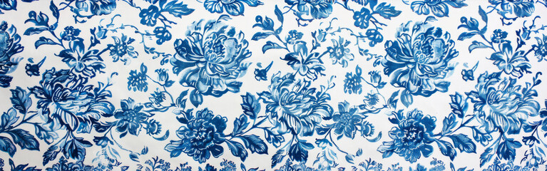 A blue and white floral print is displayed