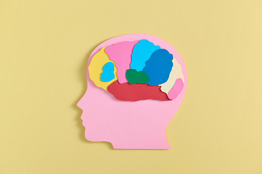 Human head, brain with paper cut style, self care and mental