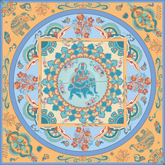 Decorative colorful ornament on white background, symmetric pattern with doodle lace frame. Tribal ethnic mandala decor. Bandana shawl, hijab, tablecloth fabric print, silk neck scarf, kerchief design