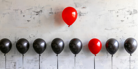 Single Bright Red Balloon Rising Higher Than Black Balloons
