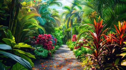 Vibrant tropical garden with exotic plant backdrop