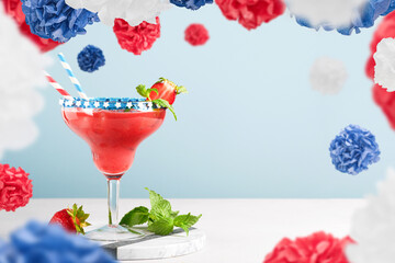 4th of July Holiday background. Patriotic Cocktail and flying or levitation USA decorative paper...