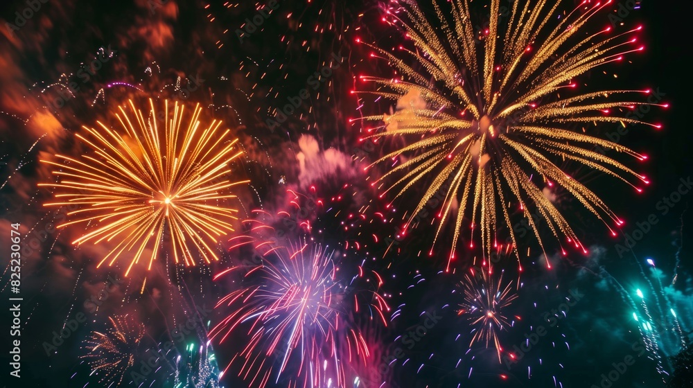 Poster A mesmerizing display of colorful fireworks exploding against a dark night sky, accompanied by a synchronized soundtrack.