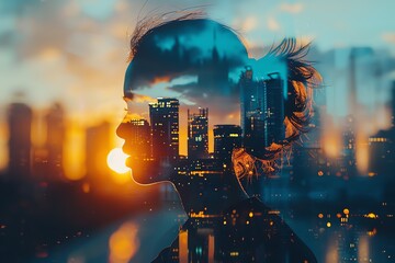 Double exposure of a silhouette of a woman with a cityscape, combining human form and urban architecture at sunset.