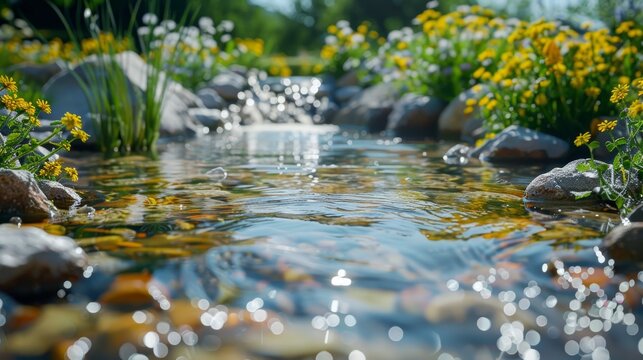 A clear stream flowing through a rejuvenated landscape, with fresh vegetation growing along the banks, symbolizing the renewal of the environment.