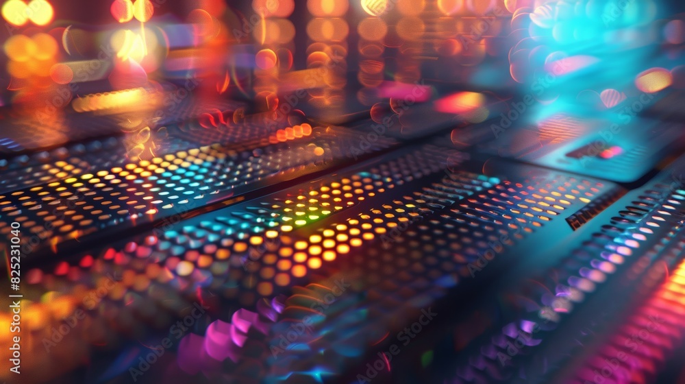Poster a mesmerizing music equalizer seamless loop background with holographic bars shimmering and swirling