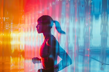 Silhouette of a woman running, with vibrant red and blue lights creating a dynamic, energetic atmosphere. Fitness, exercise and motion concept.