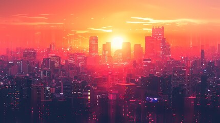 Obraz premium Stunning sunset over a vibrant city skyline, casting a warm glow on modern buildings and creating a breathtaking urban landscape.
