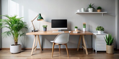 Sleek and minimalist workspace featuring a tidy desk with simple decor items