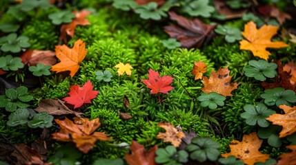 A close-up of a forest floor covered in moss, fallen leaves, and small plants, showcasing the rich biodiversity of the woods.