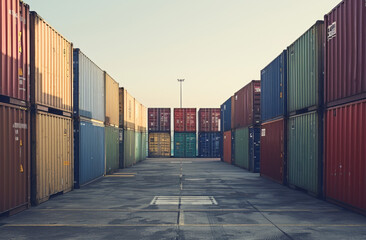 Fototapeta premium Stacked Shipping Containers in a Yard