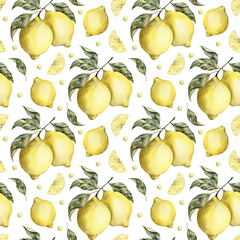 Seamless pattern with lemon on a branch with leaves