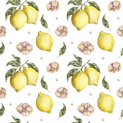 Seamless pattern with lemon on a branch with leaves