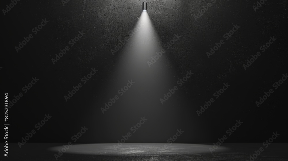 Poster a minimalist black paper background with a single spotlight illuminating a product in the center.