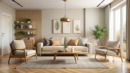 Basic living room with neutral colors and minimalist furniture