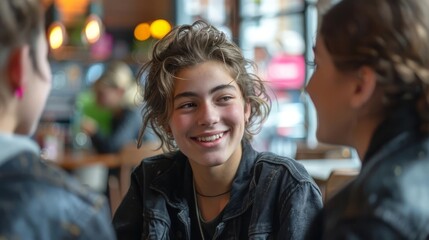 A group of friends are sitting in a cafe and talking. They are all smiling and laughing and enjoying each other's company.