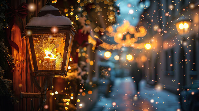 On a blurred background of a night city and falling snow, the light of a street lamp. Street lamp with a soft glow against the background of a blurred evening street, snow and bokeh, Christmas card, 
