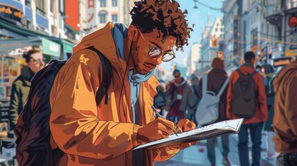 A man writing in notebook on a busy street with a lot of people passing by.