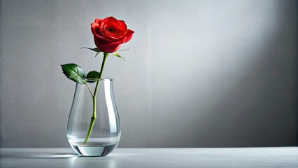 A close-up shot of a sleek, modern glass vase filled with a single red rose, emphasizing simple forms and minimalist purity