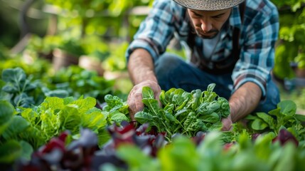 A farmer tending to a vibrant organic vegetable garden, showcasing sustainable agriculture practices that benefit both the environment and local communities.