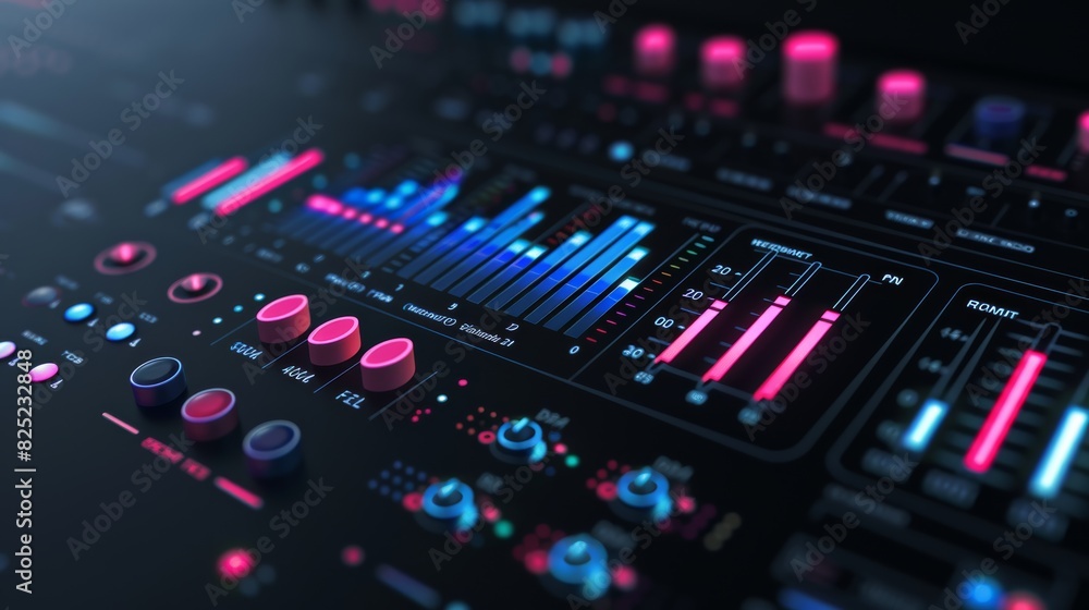 Poster a modern digital equalizer with a touchscreen interface, displayed on a sleek black background.