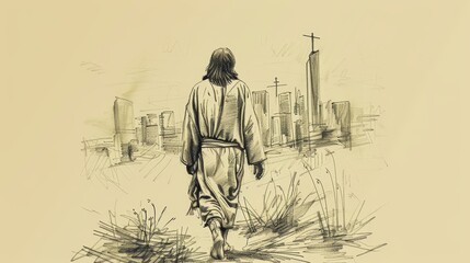 Obraz premium Jesus Walking Through a Modern City, Spreading Love and Peace, Biblical Illustration of His Eternal Presence
