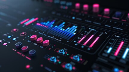 A modern digital equalizer with a touchscreen interface, displayed on a sleek black background.