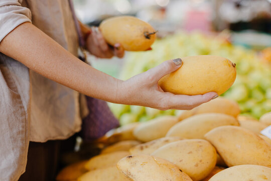 Crop woman buying fresh mangoes at fruit market