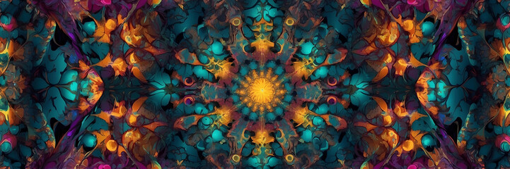 Complex abstract symmetrical kaleidoscopic design with a rich color palette