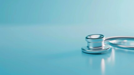 a modern stainless steel stethoscope resting on a sterile medical table with ample blank space to the right for text, set against a clean light blue background.